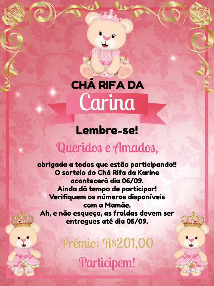 Convite Lembrete Chá Rifa Ursinha Princesa Fraldas – tema Chá Rifa rosa, dourado, branco, princesa, lúdico, divertido