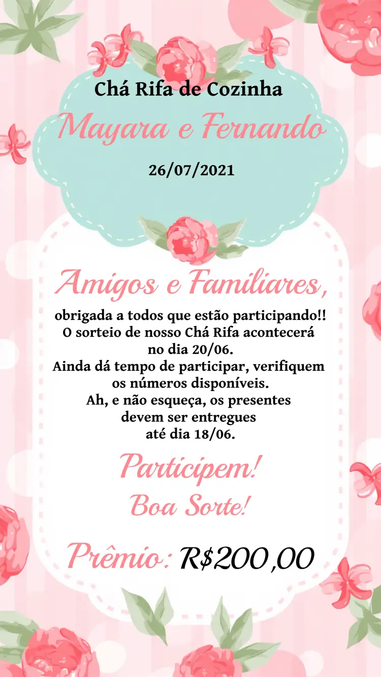 Convite Lembrete De Chá Rifa Cozinha Cartela – tema Chá de Panela floral, moderno, colorido, elegante, feminino, vintage