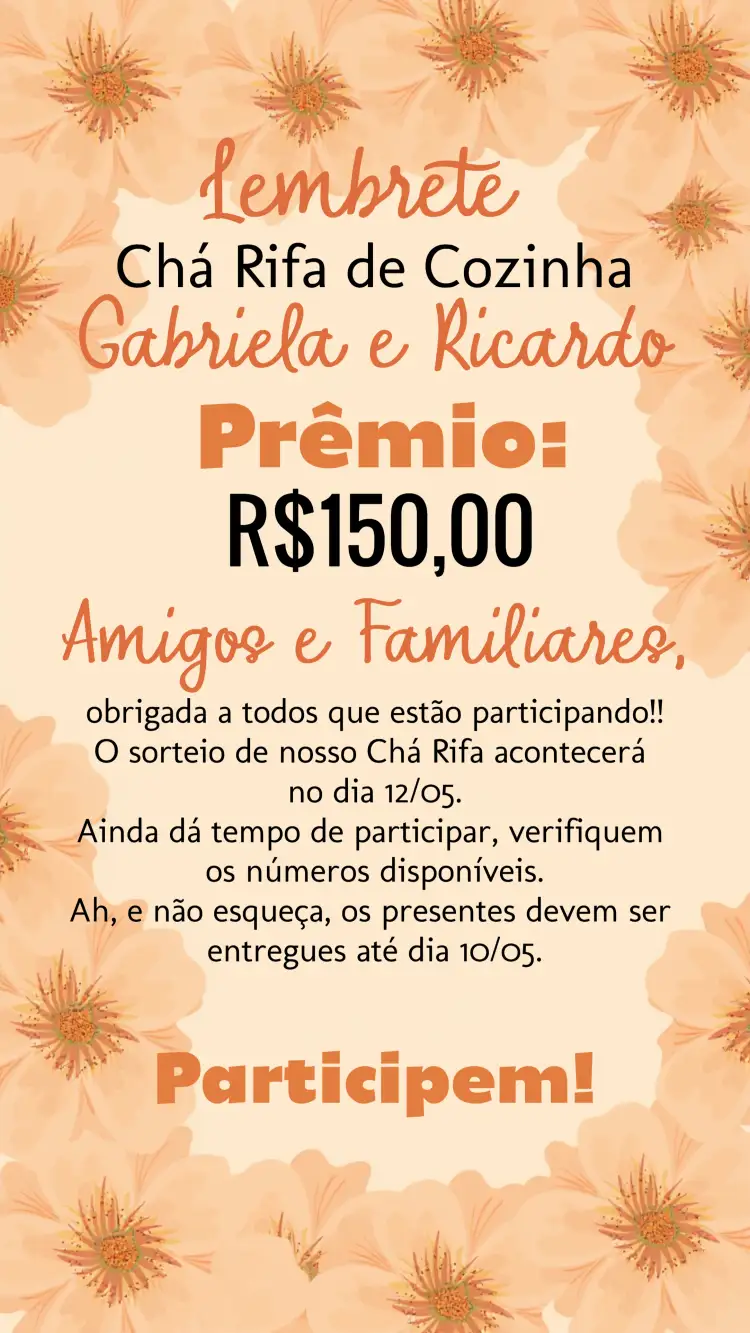 Convite Lembrete De Chá Rifa Cozinha Floral Claros – tema Chá de Panela floral, tons claros, moderno, aconchegante, minimalista, natural