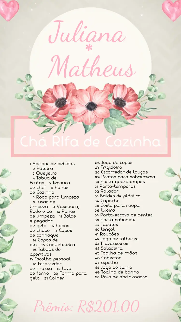 Convite Lembrete De Chá Rifa Cozinha Presentes – tema Chá de Panela minimalista, moderno, elegante, pastel, floral, contemporâneo