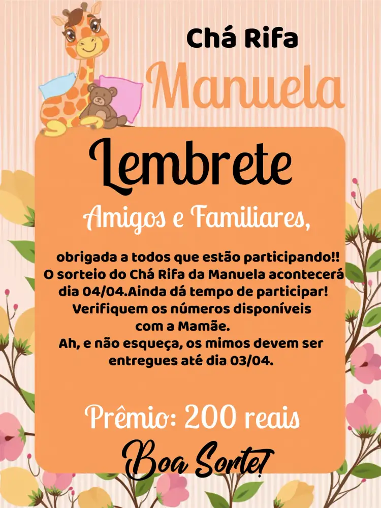 Convite Lembrete De Chá Rifa Girafinha Cha – tema Chá Rifa girafinha, colorido, moderno, infantil, divertido, alegre
