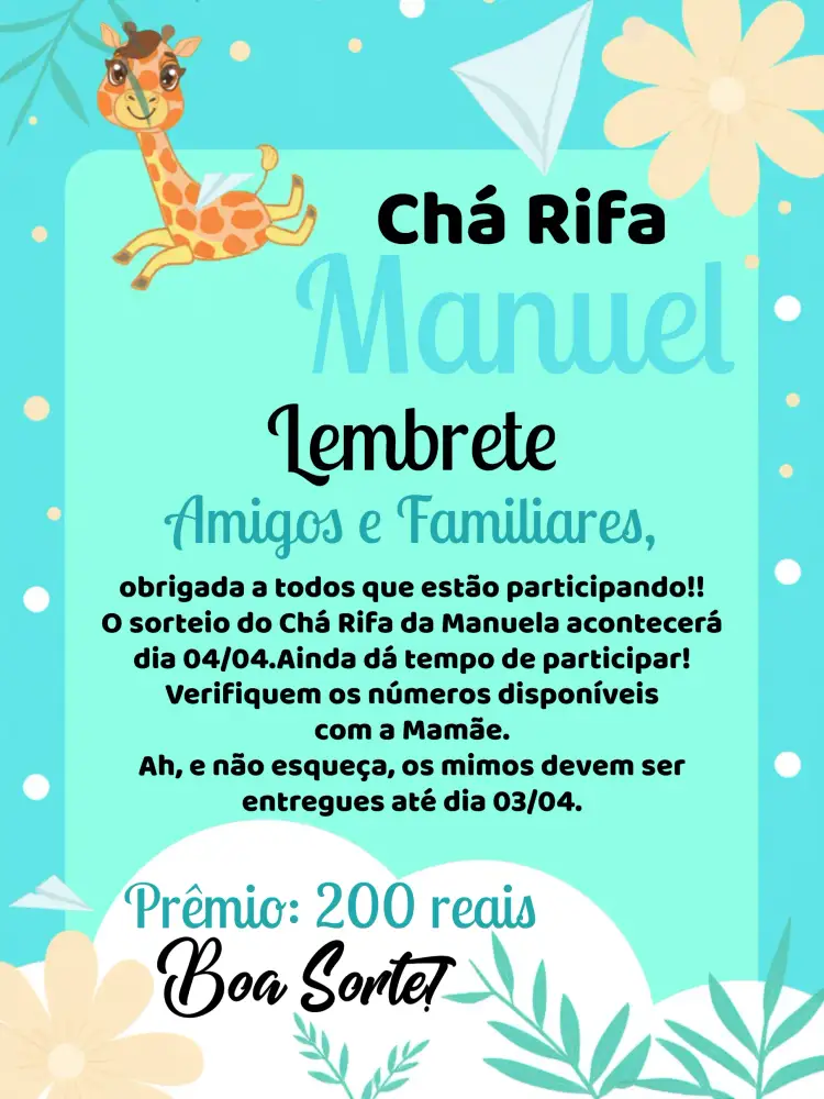 Convite Lembrete De Chá Rifa Girafinha Azul – tema Chá Rifa azul, divertido, infantil, moderno, colorido