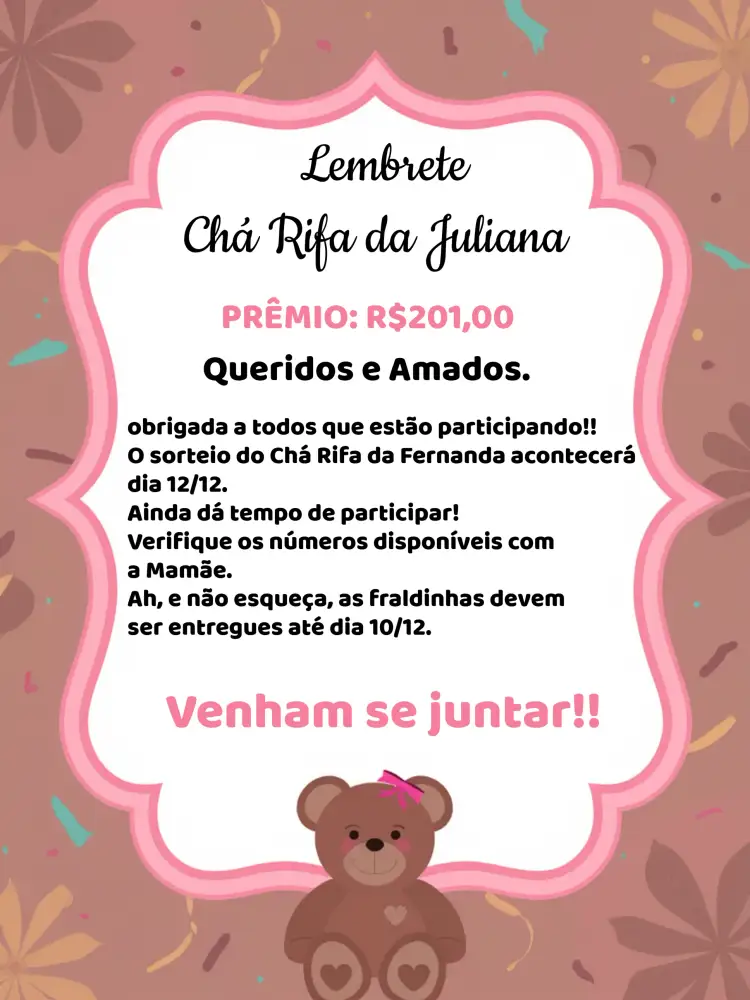 Convite Lembrete De Chá Rifa Ursinha Fraldas – tema Chá Rifa rosa, branco, preto, divertido, infantil, lúdico