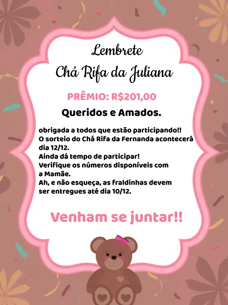 Convite Lembrete De Chá Rifa Ursinha Fraldas