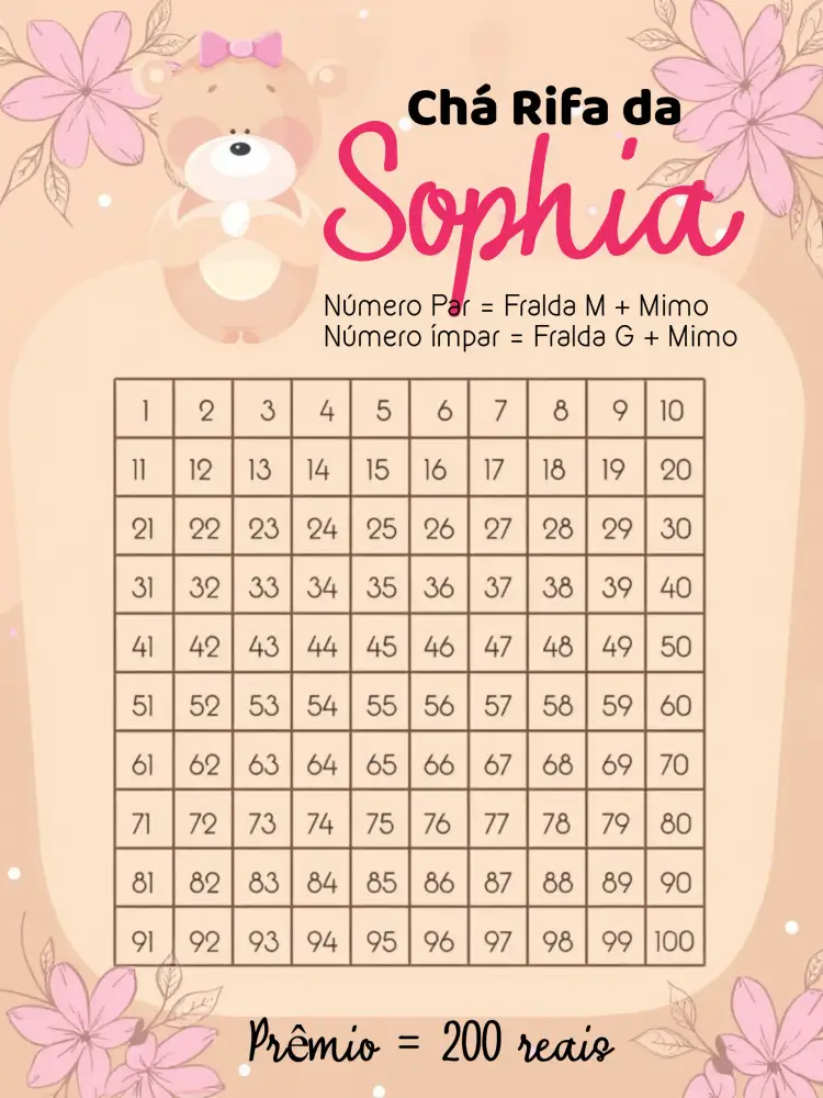 Convite Lembrete De Chá Rifa Ursinha Princesa Menina – tema Chá Rifa floral, rosa, moderno, infantil, delicado, colorido