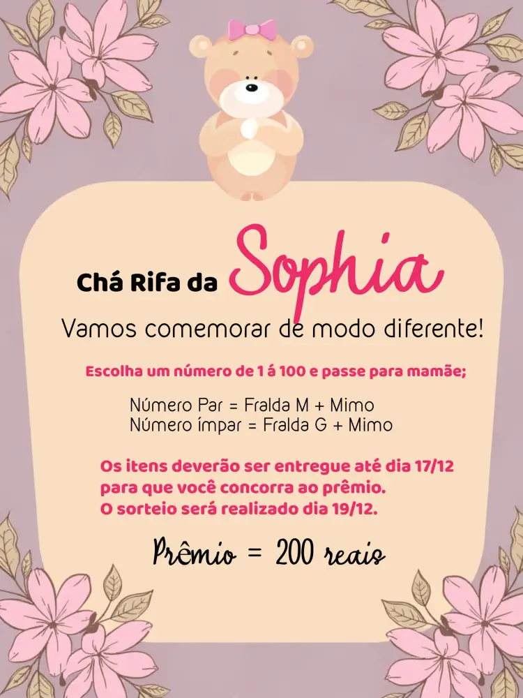 Convite Lembrete De Chá Rifa Ursinha Princesa Ideia – tema Chá Rifa floral, rosa, lilás, princesa, infantil, delicado