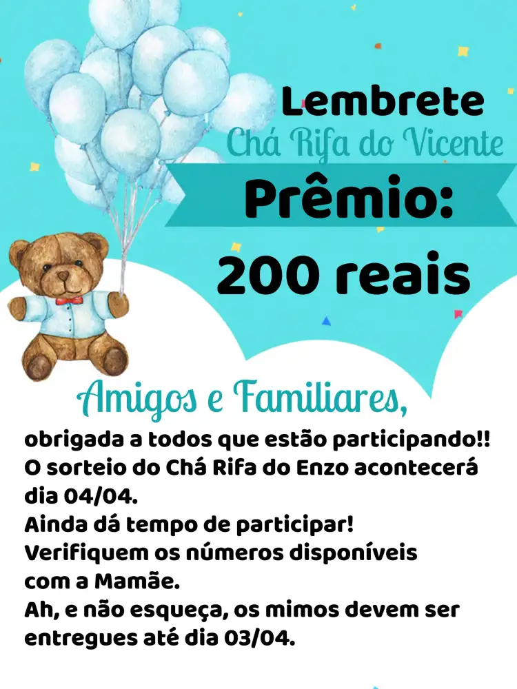 Lembrete De Chá Rifa Ursinho Baloeiro Ideia