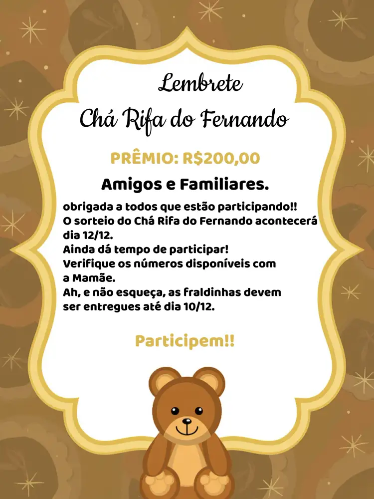 Convite Lembrete De Chá Rifa Ursinho Dourado – tema Chá Rifa dourado, branco, preto, moderno, infantil