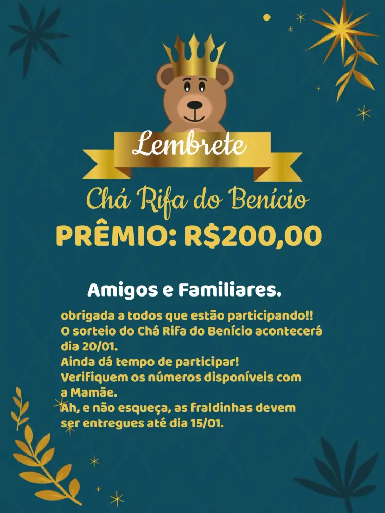 Lembrete De Chá Rifa Ursinho Príncipe Realeza
