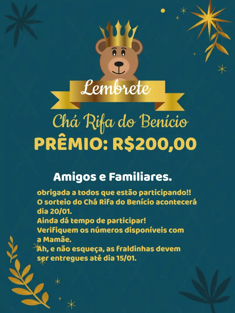 Convite Lembrete De Chá Rifa Ursinho Príncipe Realeza – tema Chá Rifa dourado, azul, realeza, ursinhos, infantil, moderno
