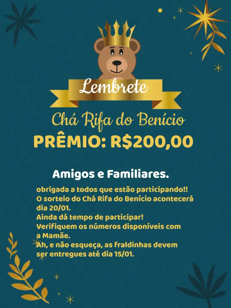 Convite Lembrete De Chá Rifa Ursinho Príncipe Realeza