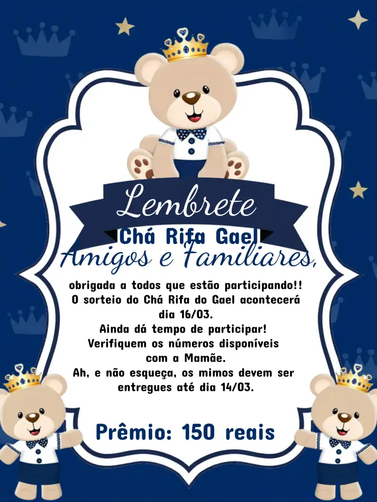 Convite Lembrete De Chá Rifa Ursinho Príncipe Urso – tema Chá Rifa azul, preto, branco, infantil, moderno, fofo