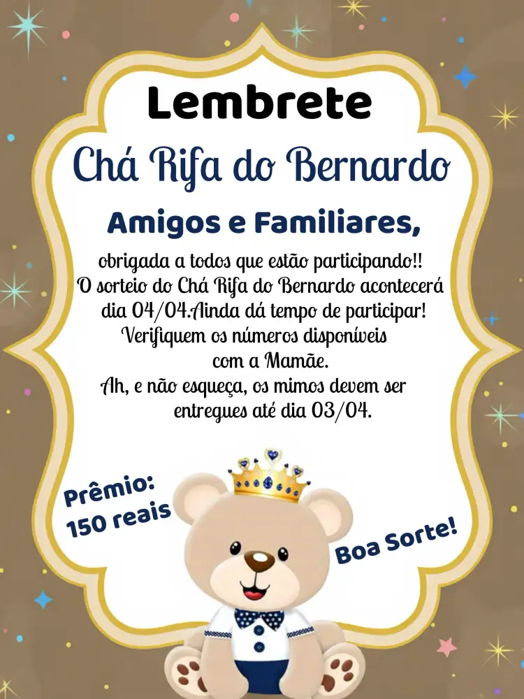 Convite Lembrete De Chá Rifa Uursinho Príncipe Cobrar – tema Chá Rifa ursinho, azul, dourado, branco, moderno