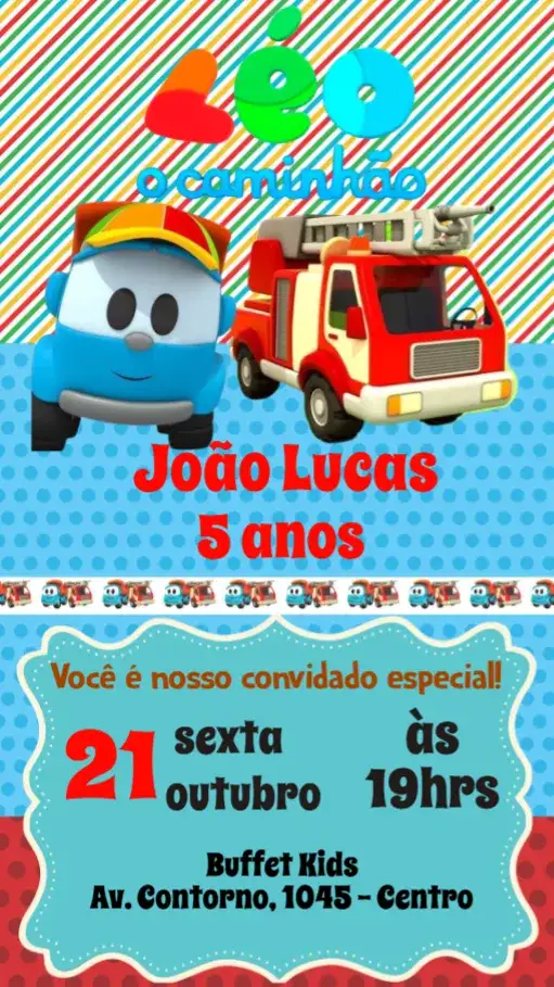 Convite Léo o caminhão – tema Cartão colorido, infantil, brincalhão, divertido, temático, animado