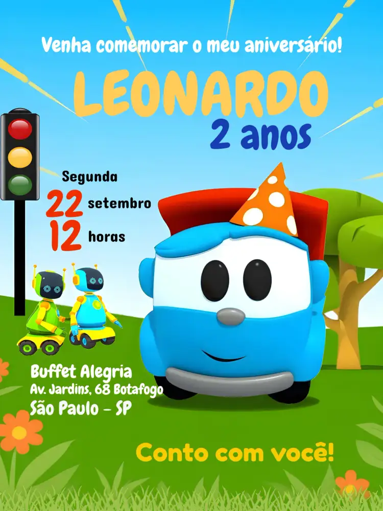 Convite Léo O Caminhão Leo – tema Mais pesquisados colorido, divertido, infantil, temático, ilustrações de caminhões