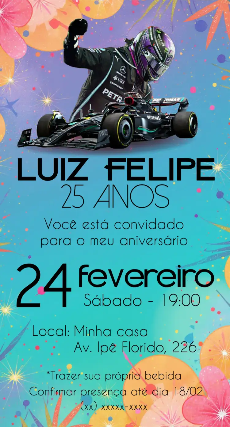 Convite Lewis Hamilton Fórmula 1 Verde – tema Mais pesquisados moderno, esportivo, vibrante, verde e preto, temática de corrida