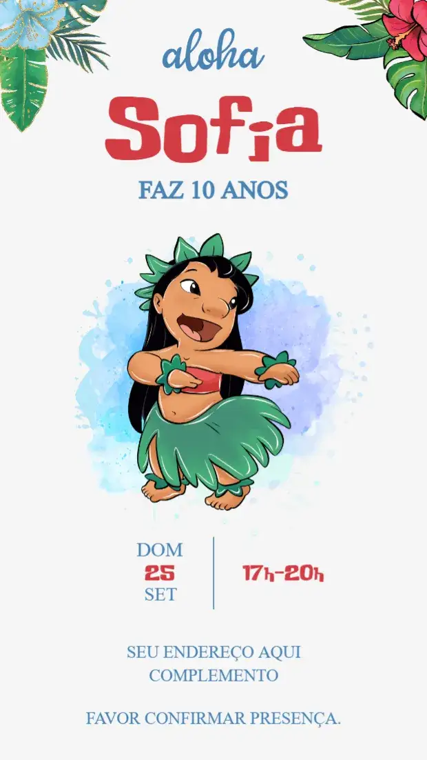 Convite Lilo – tema Aniversário Infantil vibrante, tropical, divertido, colorido, lúdico