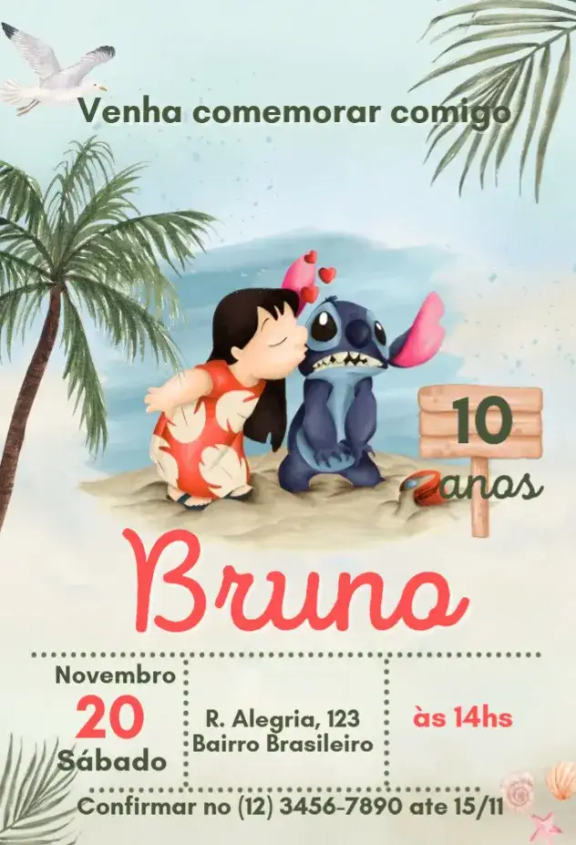 Convite Lilo e Stitch – tema Aniversário Infantil colorido, divertido, tropical, animado, ilustrativo