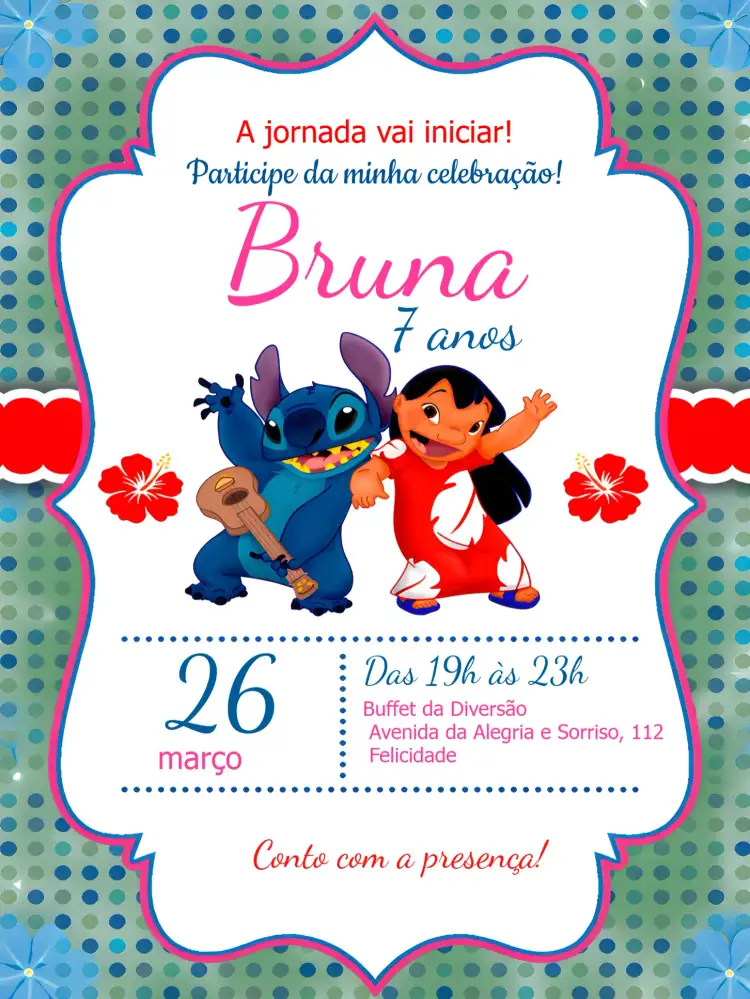 Convite Lilo E Stitch – tema Mais pesquisados colorido, divertido, temático, infantil, tropical