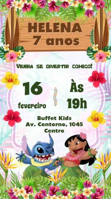 Convite Lilo e Stitch – tema Aniversário Infantil colorido, divertido, tropical, infantil, animado