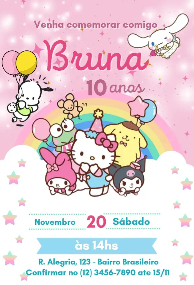 Convite Hello Kitty – tema Aniversário Infantil colorido, divertido, infantil, cartoon, cute, fofo