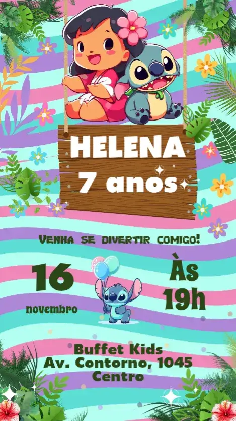 Convite Lilo e Stitch – tema Aniversário Infantil colorido, divertido, tropical, Disney, infantil, animado