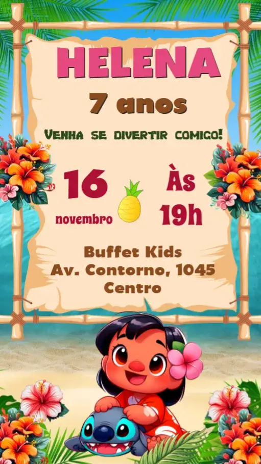 Convite Lilo e Stitch – tema Aniversário Infantil colorido, divertido, tropical, infantil, ilustrações de personagens, estilo Disney