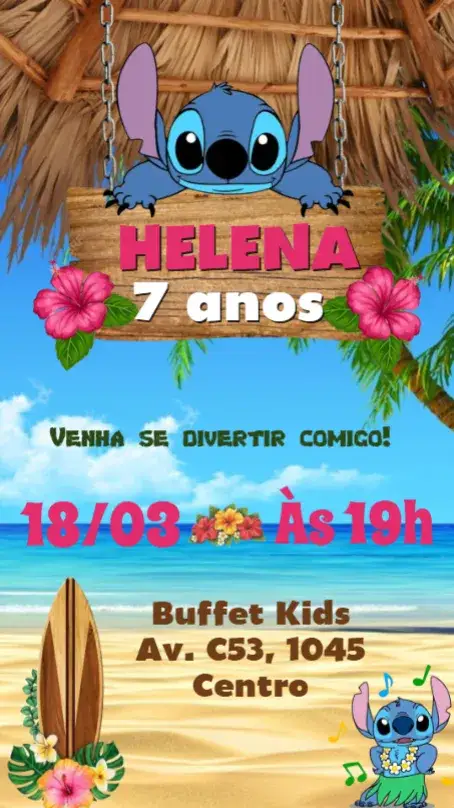 Convite Lilo e Stitch – tema Aniversário Infantil colorido, divertido, tropical, cartoon, vibrante, infantil