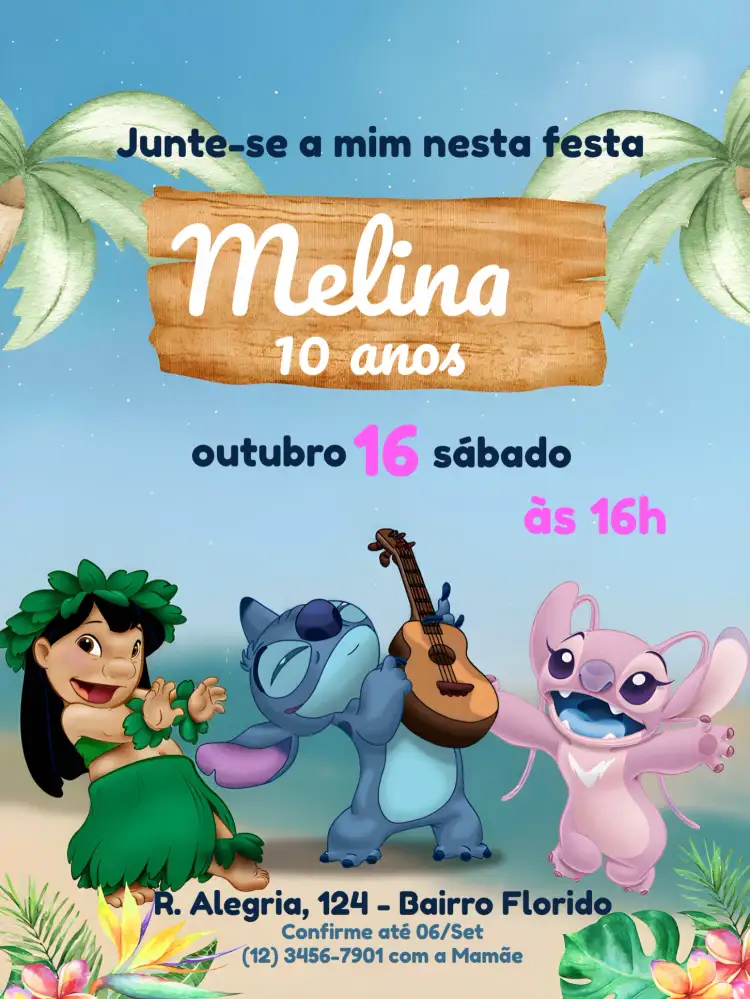 Convite Lilo E Stitch Angel – tema Mais pesquisados floral, aquarela, colorido, divertido, infantil, temático