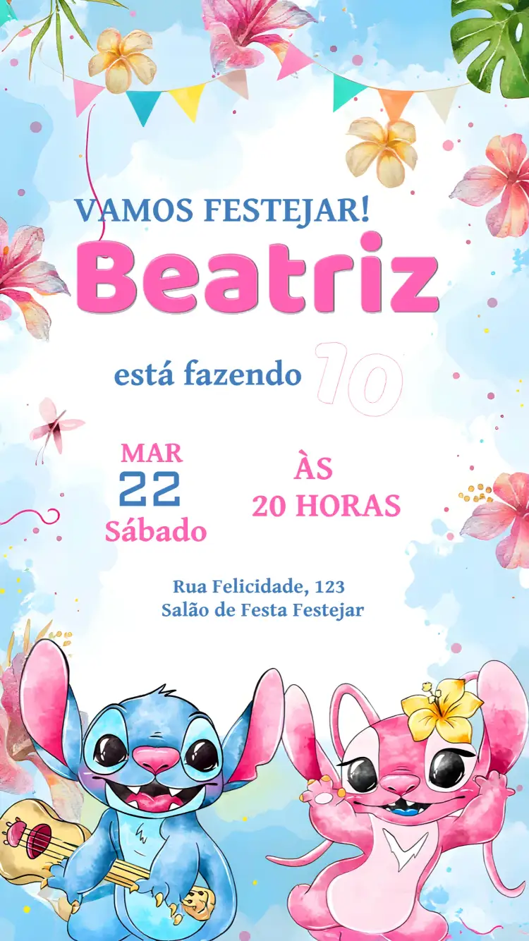 Convite Lilo E Stitch Aquarela Azul – tema Mais pesquisados aquarela, floral, colorido, temático, infantil, divertido