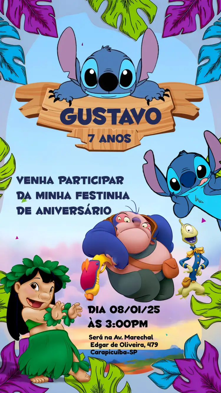 Convite Lilo E Stitch Havai – tema Mais pesquisados colorido, tropical, divertido, animado, praiano, caracteres de desenho