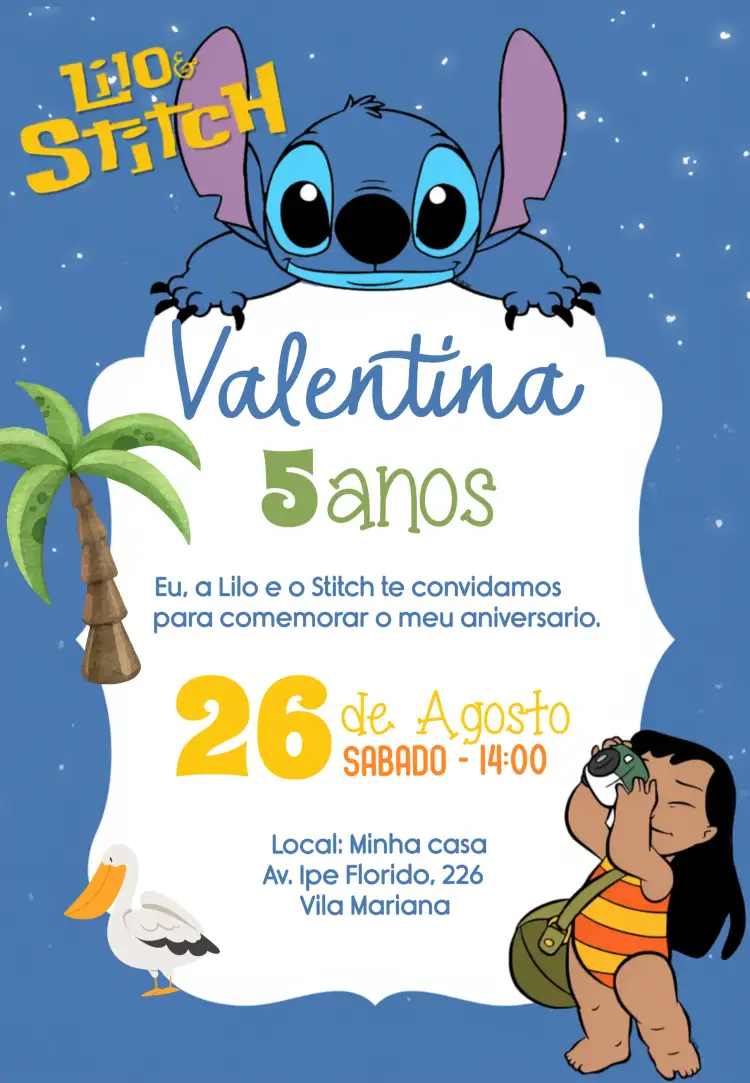Convite Lilo E Stitch Infantil – tema Aniversário Infantil tropical, colorido, divertido, praia, Disney, verão