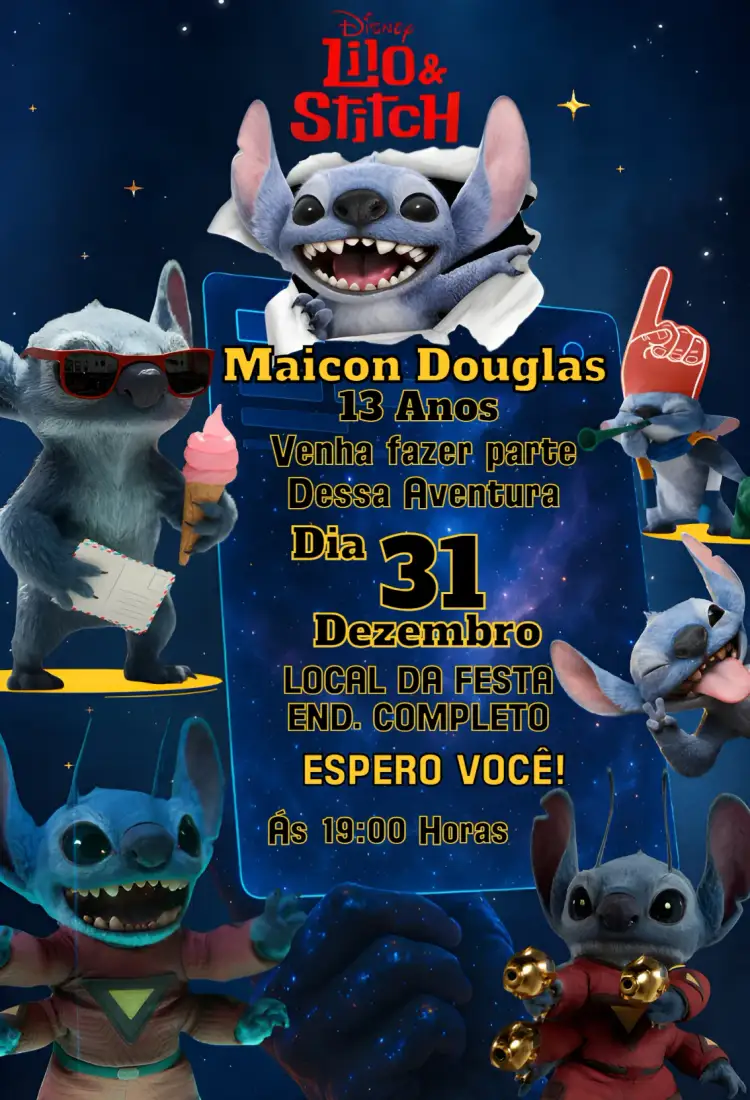 Convite Lilo e Stitch intergalatico – tema Aniversário colorido, temático, divertido, espacial, ilustrações animadas