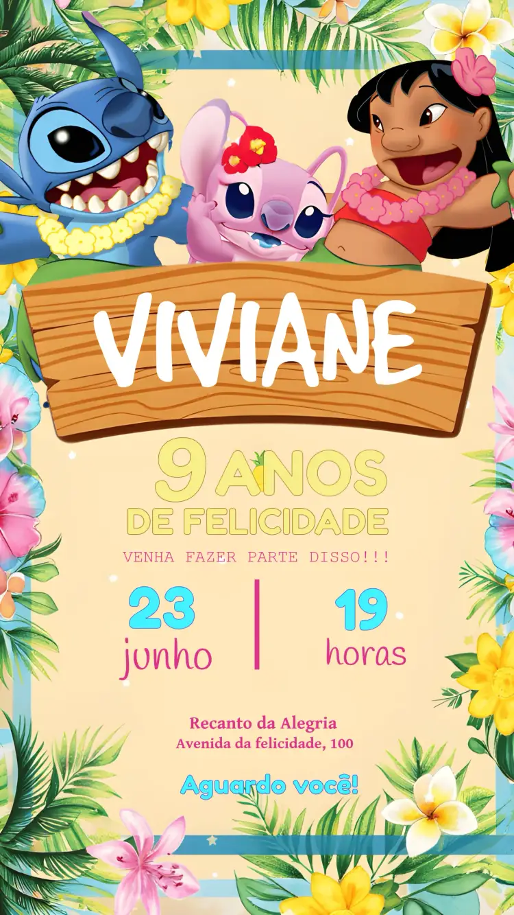 Convite Lilo E Stitch Mahalo – tema Mais pesquisados tropical, colorido, divertido, infantil, havaiano, caracteres animados