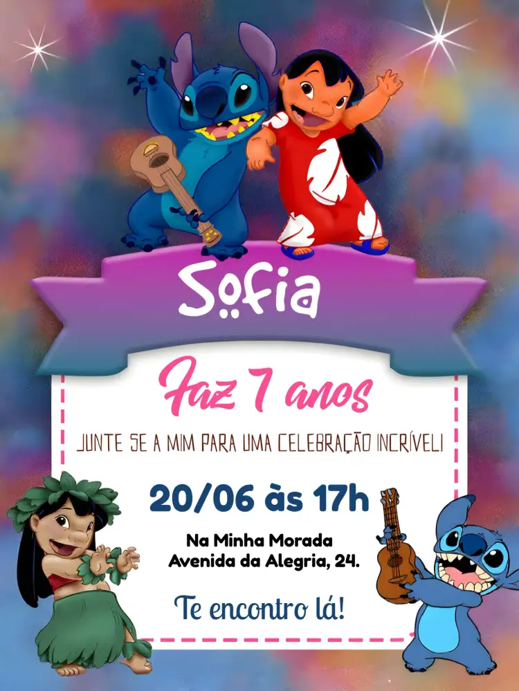 Convite Lilo E Stitch Menina – tema Mais pesquisados tropical, colorido, divertido, infantil, Disney
