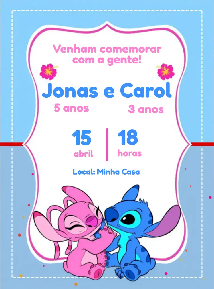 Convite Lilo E Stitch Online – tema Mais pesquisados colorido, divertido, vibrante, inspirado em personagens, moderno, animado