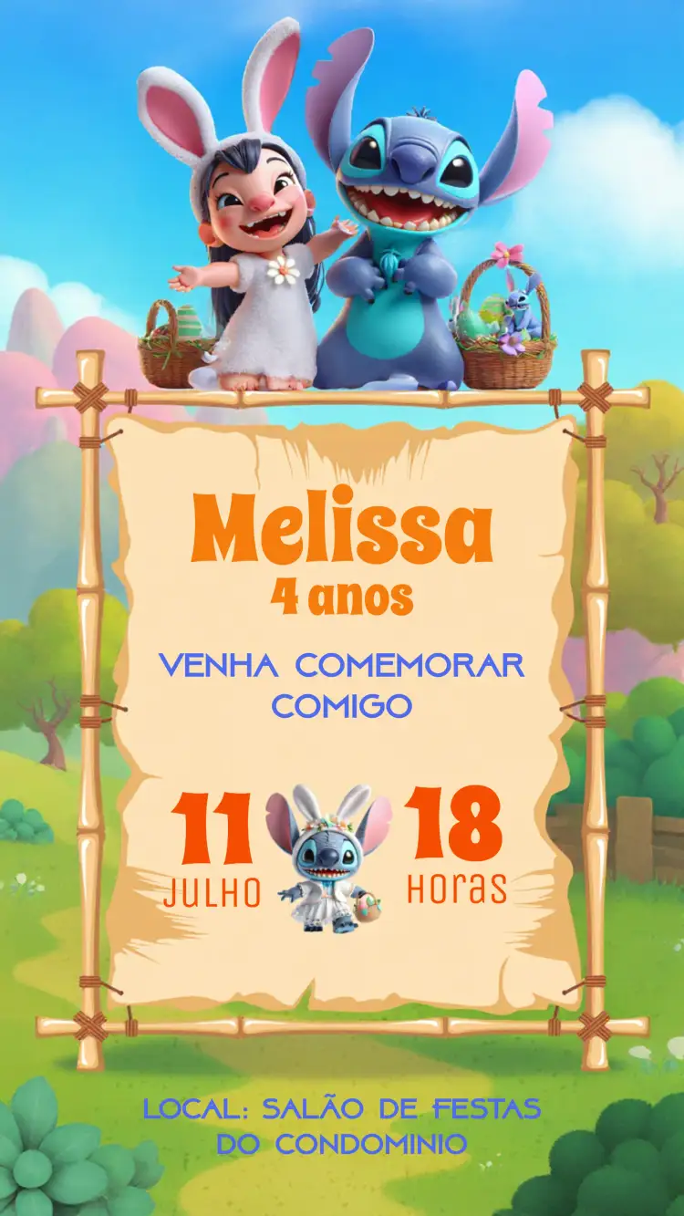 Convite Lilo E Stitch Páscoa Colorido – tema Datas Comemorativas colorido, divertido, temático, infantil, Disney, animado