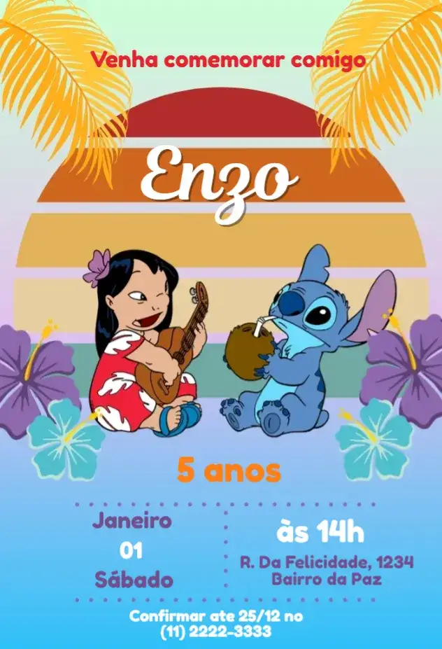 Convite Lilo e Stitch Por do Sol – tema Mais pesquisados colorido, tropical, divertido, veranil, ilustração, Disney
