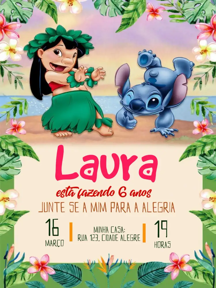 Convite Lilo E Stitch Praia – tema Mais pesquisados floral, praia, colorido, divertido, Disney, tropical