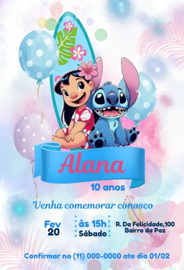 Convite Lilo e Stitch Surf – tema Mais pesquisados colorido, tropical, divertido, temático, praia, animais