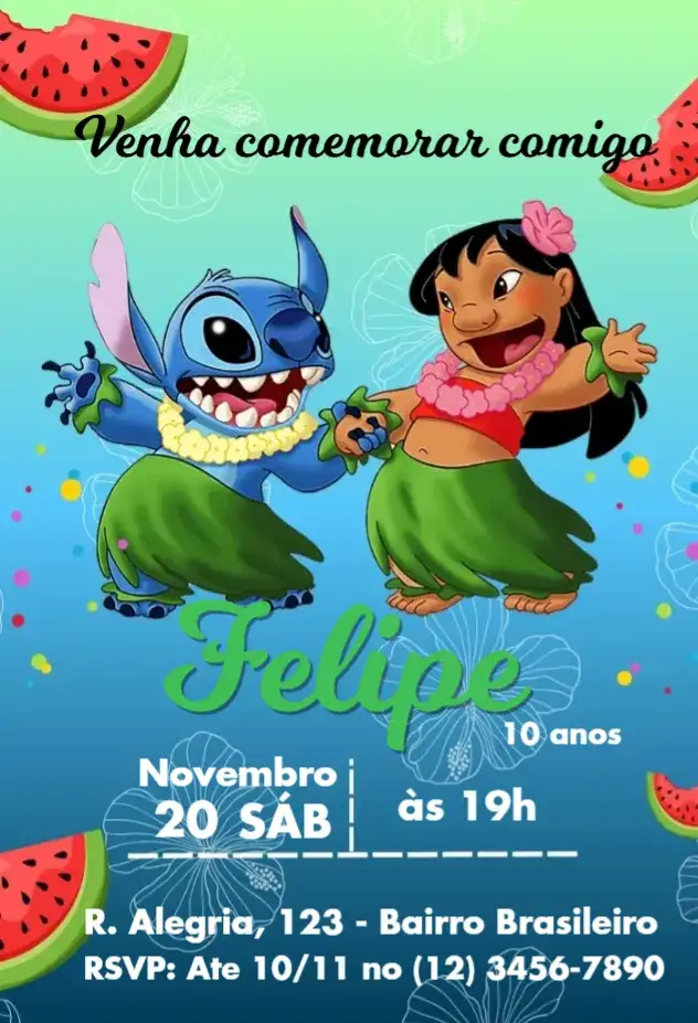 Convite Lilo e Stitch Tropical – tema Aniversário Infantil tropical, colorido, divertido, marinho, Disney, havaiano