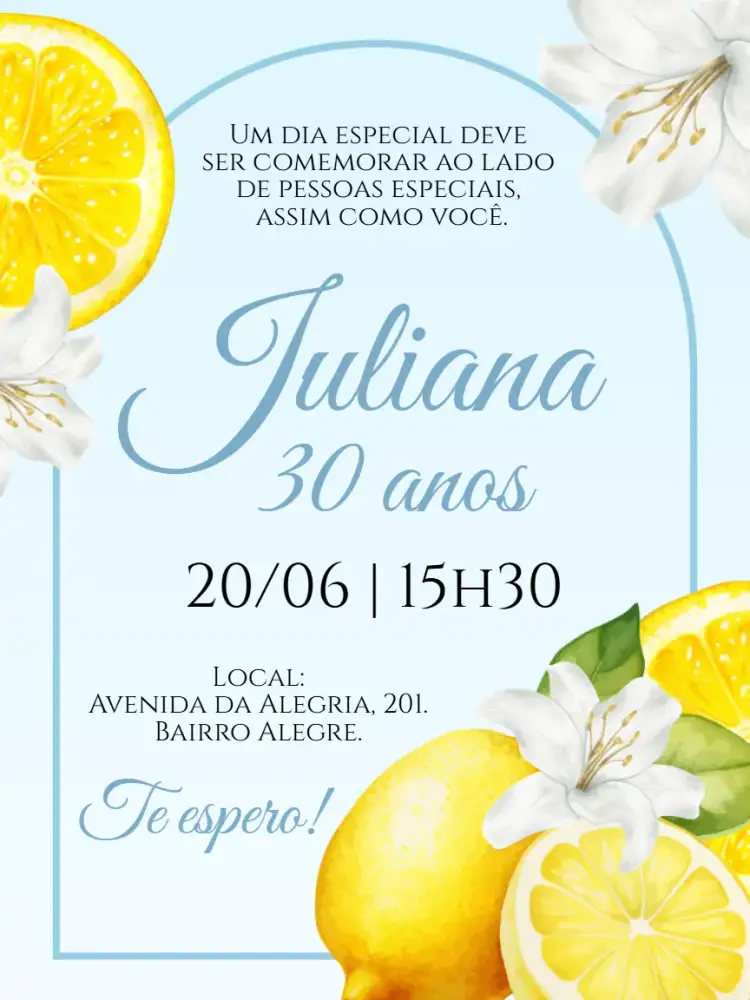 Convite Convite digital Limão Tropical Amarelo – tema Aniversário tropical, colorido, fresco, divertido, moderno