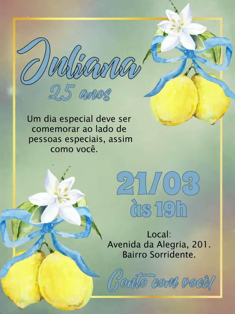 Convite Limão Tropical Amarelo – tema Aniversário tropical, colorido, fresco, divertido, moderno