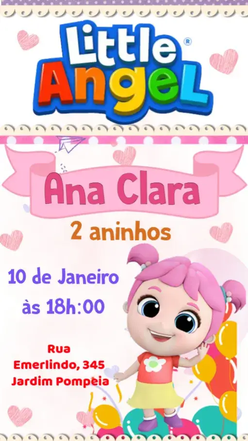Convite Little Angel – tema Aniversário Infantil delicado, colorido, lúdico, fofo, mágico