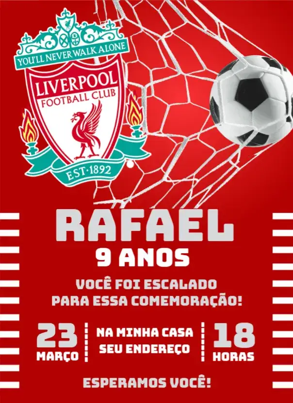 Convite Liverpool 1 – tema Aniversário futebol, vermelho e branco, moderno, jovem, dinâmico