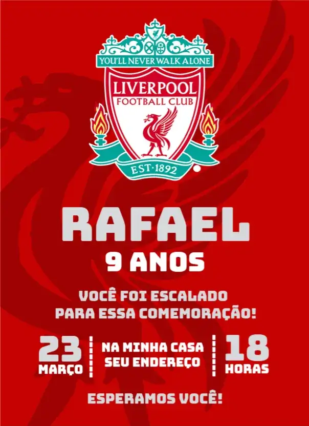 Convite Liverpool 3 – tema Aniversário futebol, vermelho e branco, moderno, dinâmico, temático, esportivo