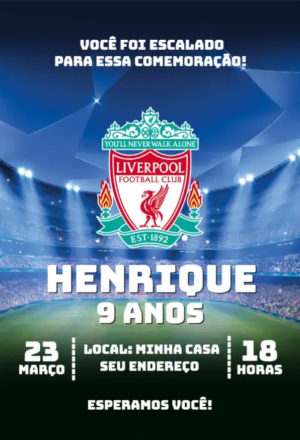 Convite Liverpool 4 – tema Aniversário futebol, moderno, colorido, esportivo, animado, temático
