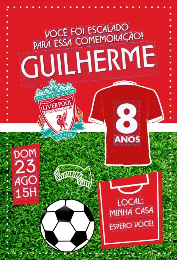 Convite Liverpool camisa – tema Aniversário vermelho e branco, moderno, esportivo, vibrante, divertido, temático