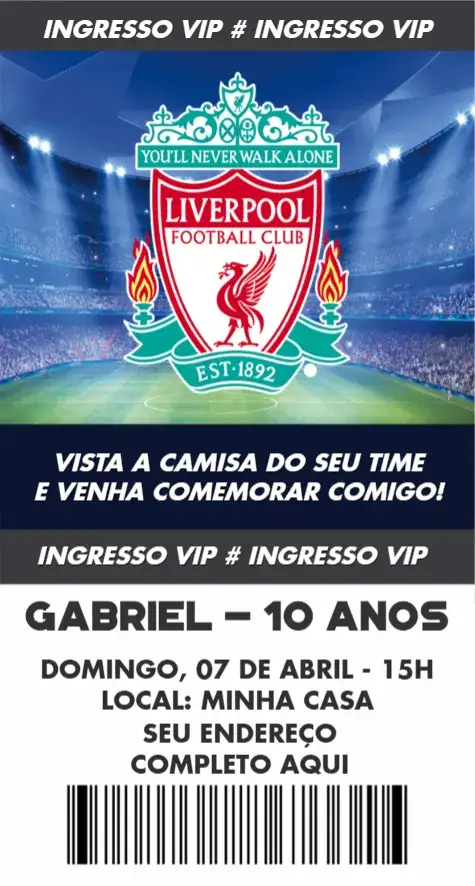 Convite Liverpool ingresso – tema Aniversário futebol, moderno, vibrante, esportivo, colorido, dinâmico