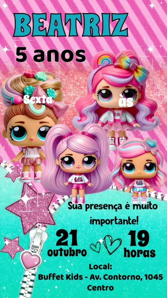 Convite LOL – tema Aniversário Infantil colorido, divertido, temático, moderno, infantil, lúdico